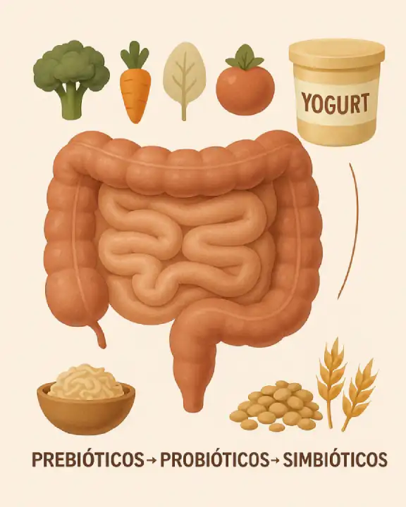 Ilustración de microbiota intestinal con alimentos prebióticos, probióticos, simbióticos y meta de 30 vegetales/semana.