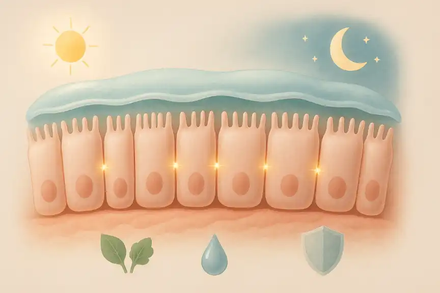 Ilustración de la barrera intestinal con uniones estrechas, microbiota sutil y símbolos de sol y luna que representan los ritmos circadianos.